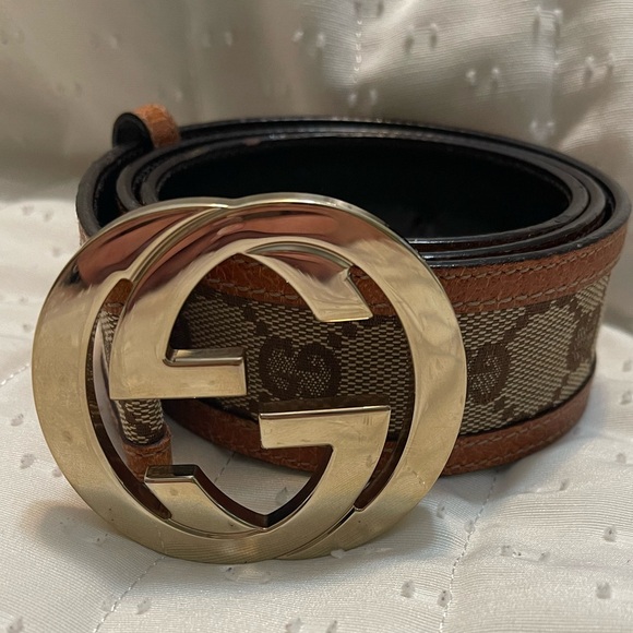 Gucci Beige/Brown GG Canvas and Leather Interlocking G Buckle Belt 80 CM - Picture 1 of 8